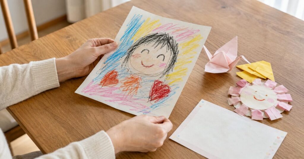 ダイニングテーブルで子どもの絵や工作を見返す手元