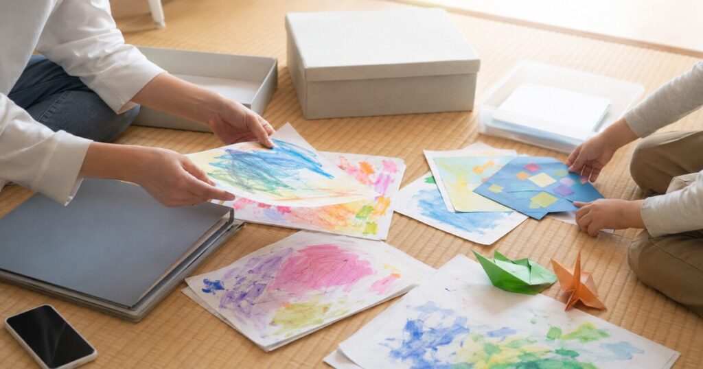 床に広げた子どもの作品を親子で選び分けている様子