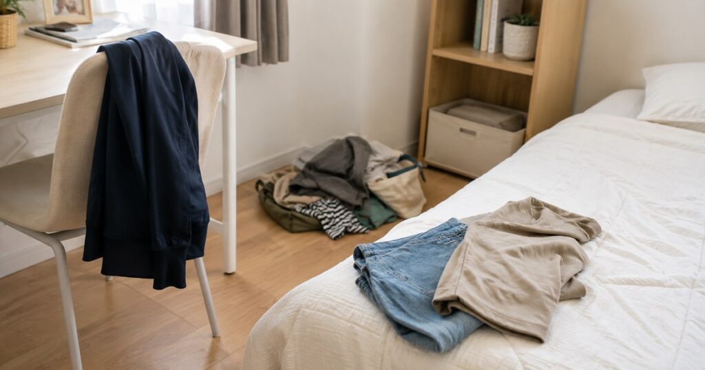 椅子やベッドまわりに服が置かれて散らかりやすくなっている様子