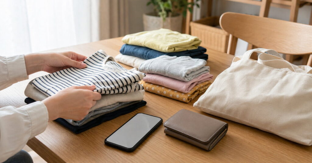 ダイニングテーブルで服と買い物用バッグを確認している手元