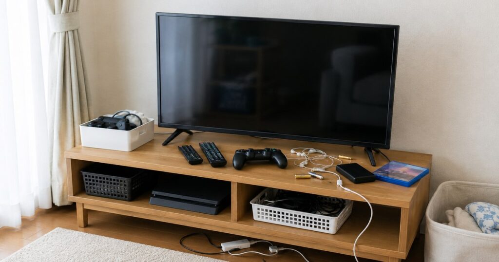リモコンやゲーム用品やケーブルが少し散らばったテレビ台まわり