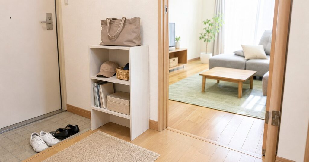 玄関近くの壁際にバッグや外出小物を入れたカラーボックス収納