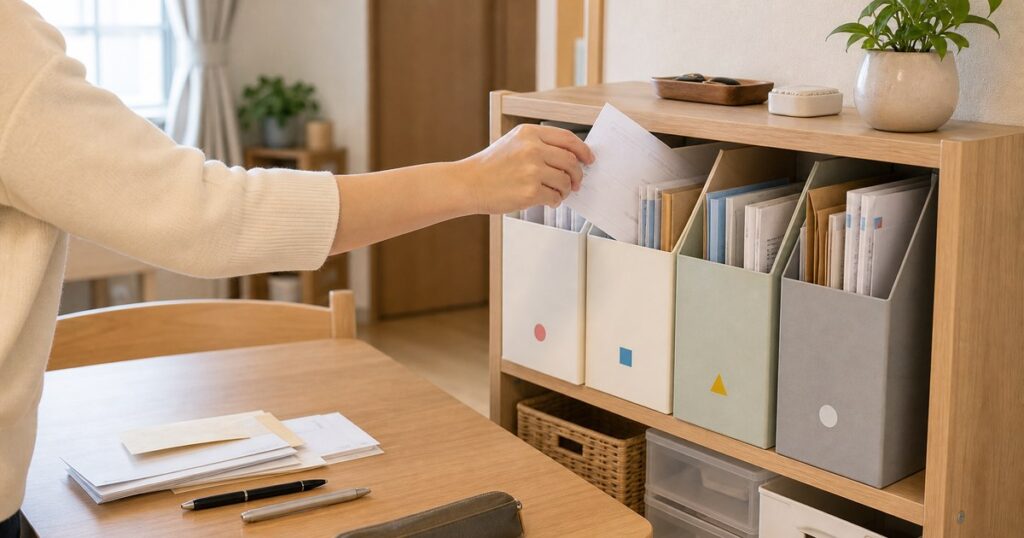 ダイニング近くの家族別ファイルにプリントを戻す様子