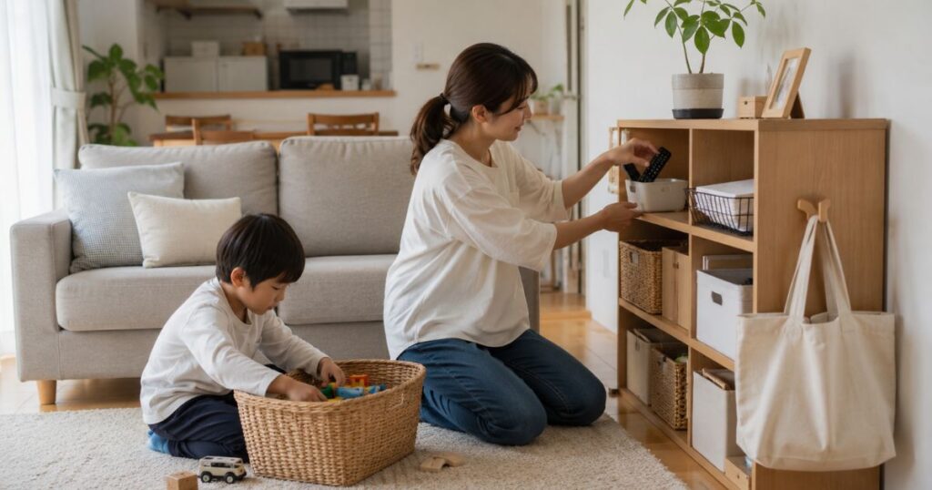家族で片付けルールを決めながら、子どもと一緒にリビングの収納棚へ物を戻している様子