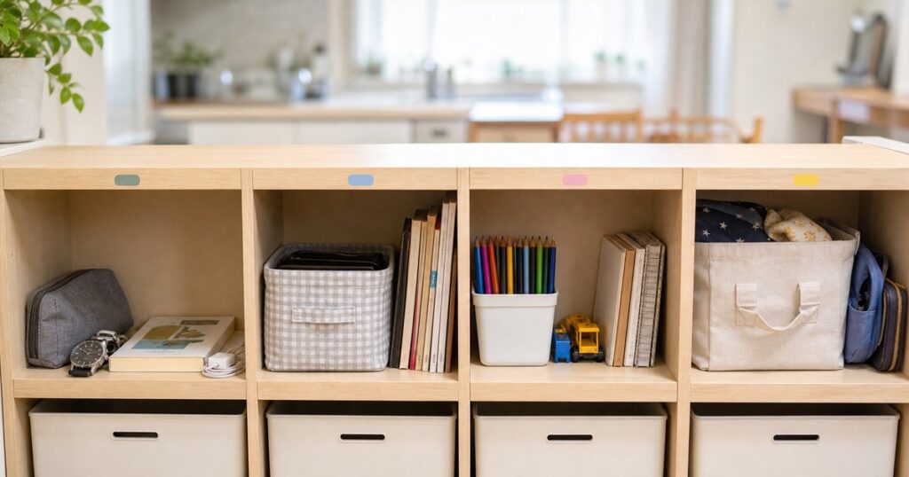 家族ごとに棚の一段を分けた小さな専用収納