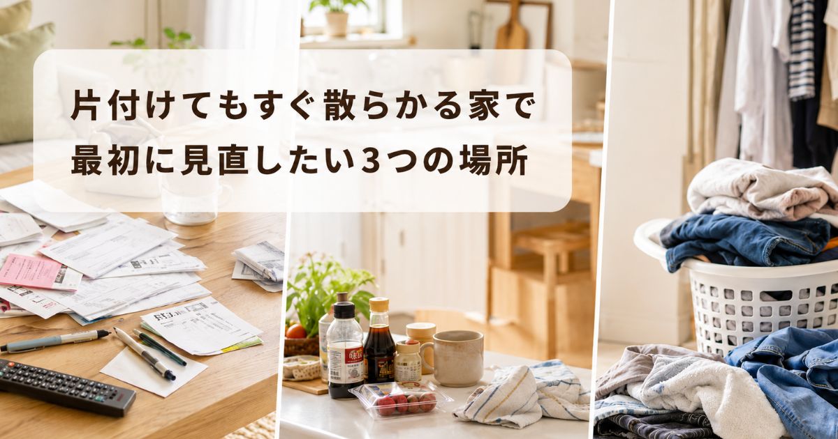 リビングの書類、キッチンの作業台、洗濯物の一時置き場を見直す片付けの3つの場所