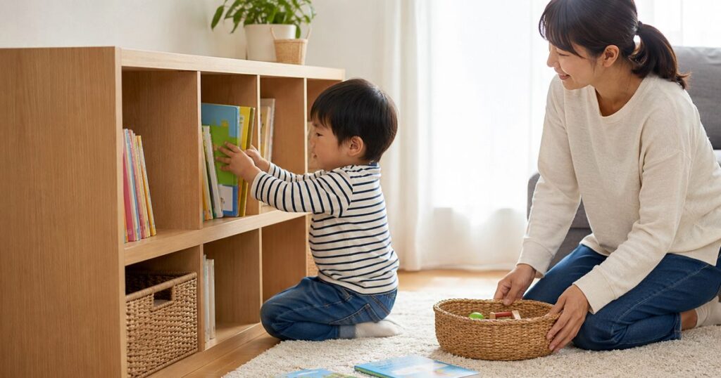 子どもがリビングの低い棚へ絵本を戻している様子