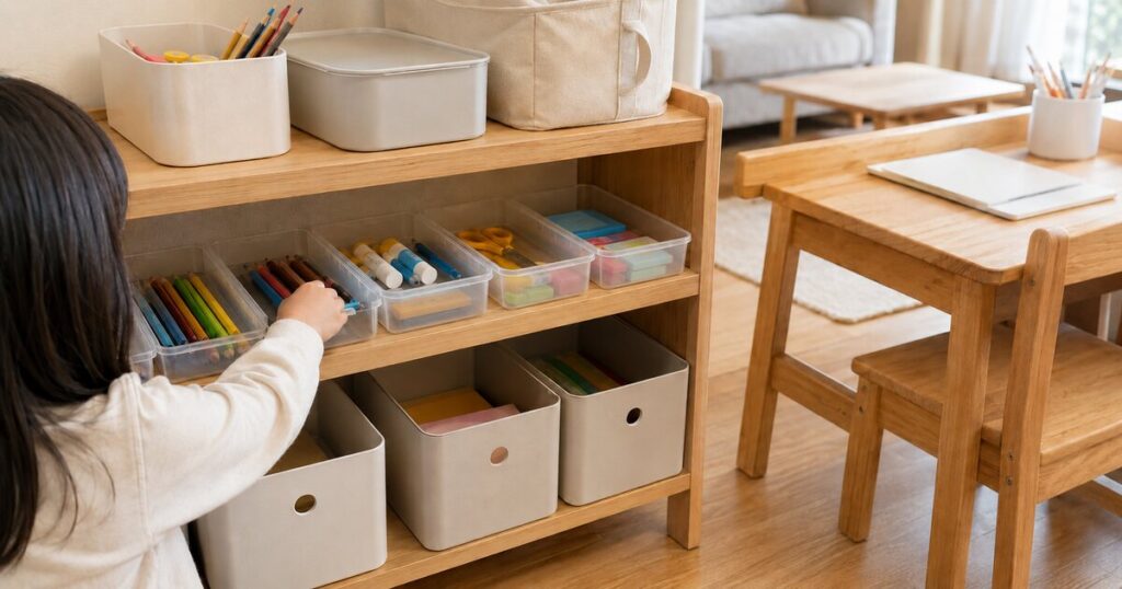 低い棚のケースに子ども用の文房具を分けて収納している様子