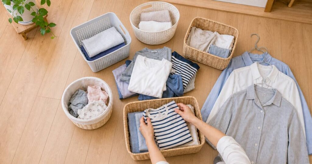 洗濯物を家族別と種類別のカゴに仕分けている様子