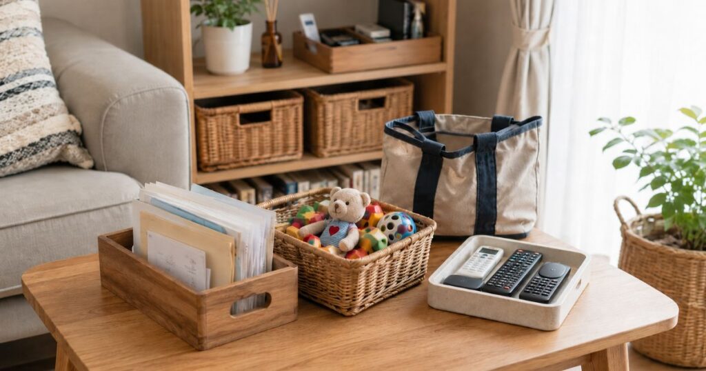 リビングのテーブル上に書類、子どものおもちゃ、リモコン、バッグを分けて整理した収納例