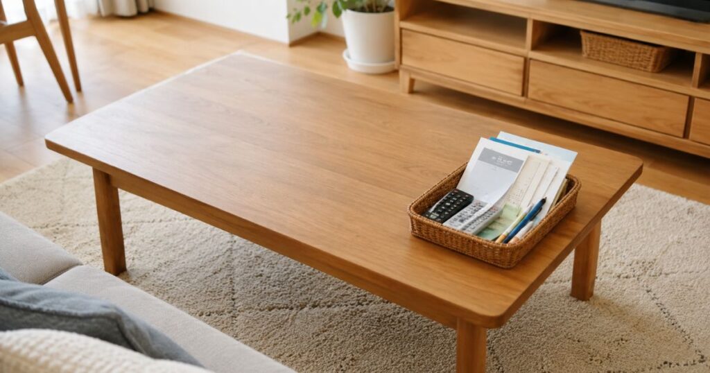 リビングの木製テーブルの端に、郵便物やプリント、リモコンをまとめた仮置きトレーが置かれている様子