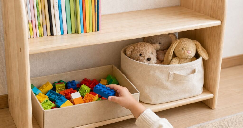 低い棚に絵本やブロックやぬいぐるみを分けて収納している様子