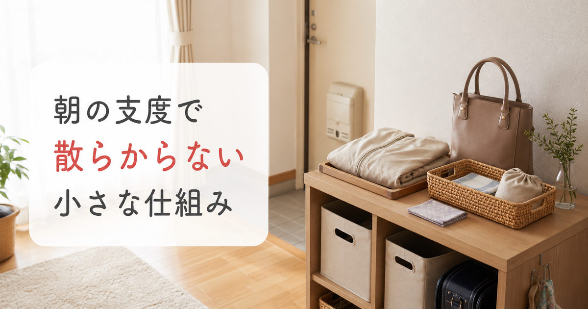 朝の支度用品をカゴや棚にまとめた明るいリビング横の収納スペース