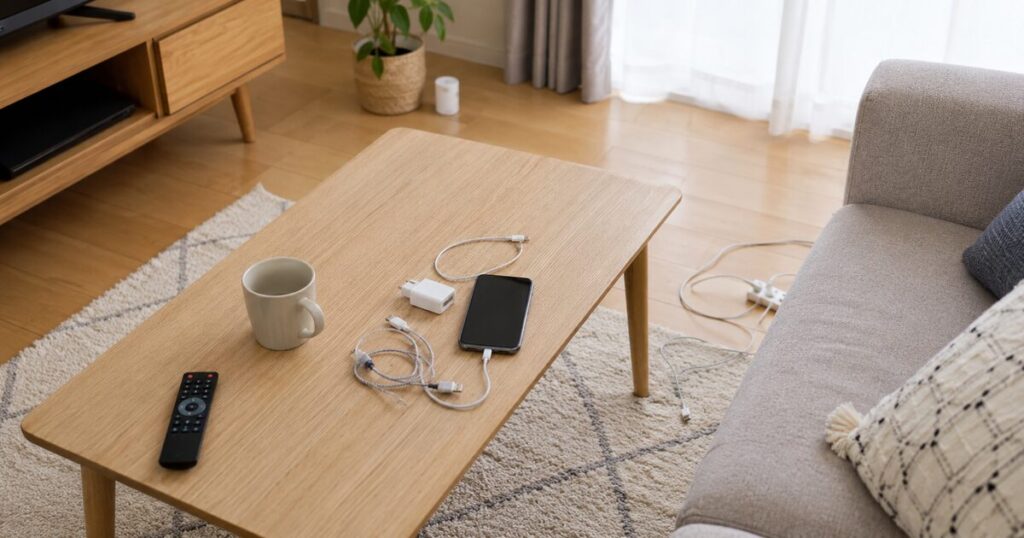 リビングのローテーブル周辺に充電器やコードが少し散らばっている様子