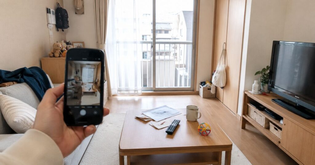 小さなリビングのテーブルに物が少し集まりスマートフォンで現状を確認している様子