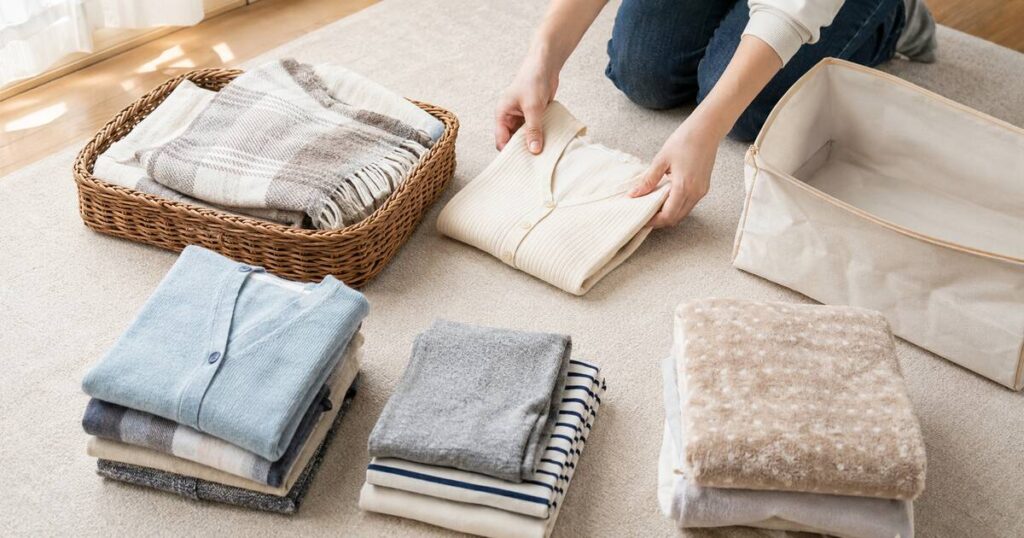 床で季節外の服と小さな毛布を分けている手元