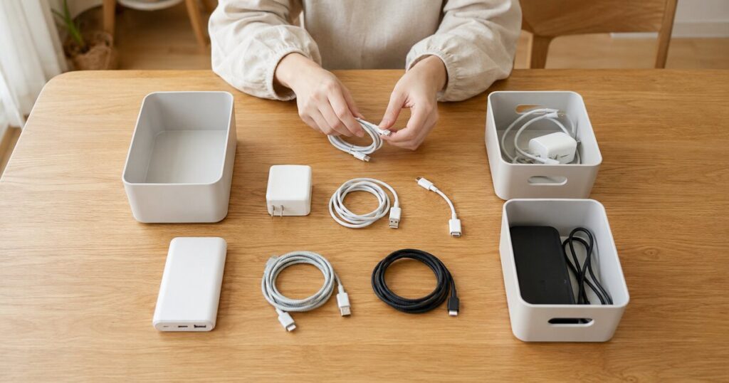 ダイニングテーブルで充電器やコードを種類ごとに分けている手元