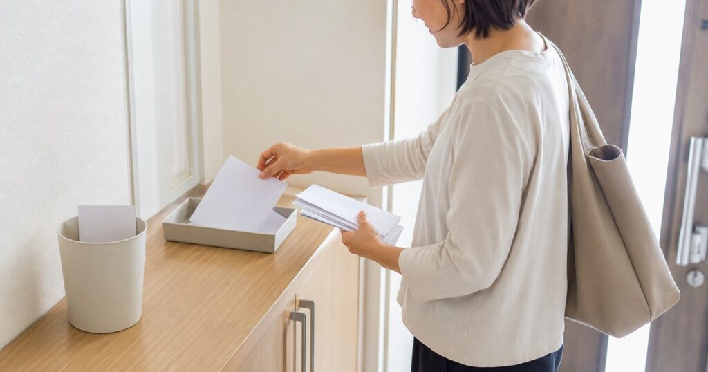 玄関の靴箱上で郵便物をトレーと紙ごみに分ける女性の手元