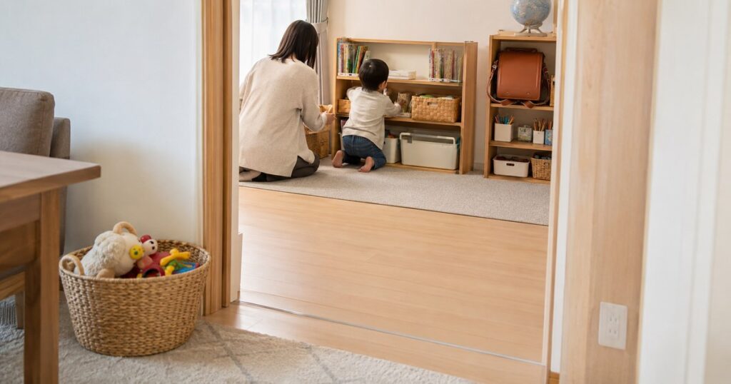 リビング横でおもちゃ入れと子ども用ラックと学用品棚を分けて置いた様子