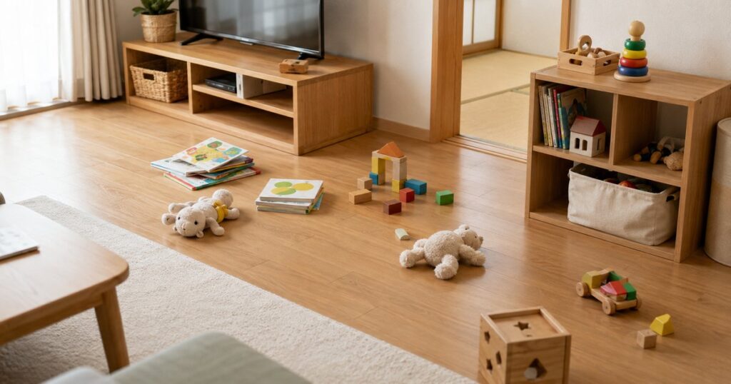 リビングの床や棚まわりに絵本やおもちゃが分かれて置かれている様子