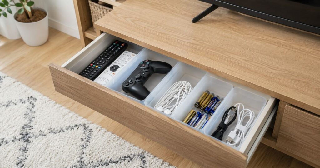 テレビ台の引き出しにリモコンやゲーム用品を仕切って収納した様子