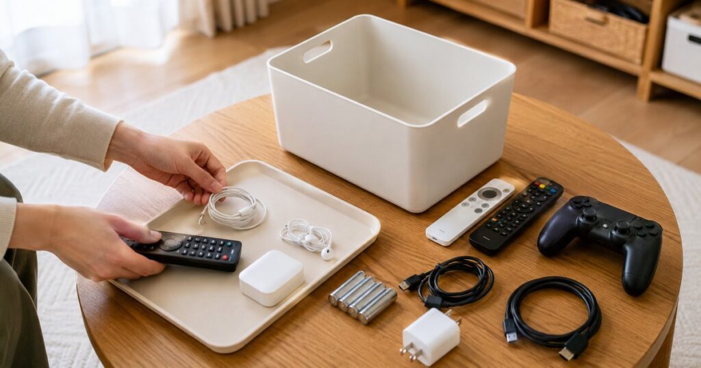 ローテーブルでリモコンやゲーム用品を収納ケースに分けている手元