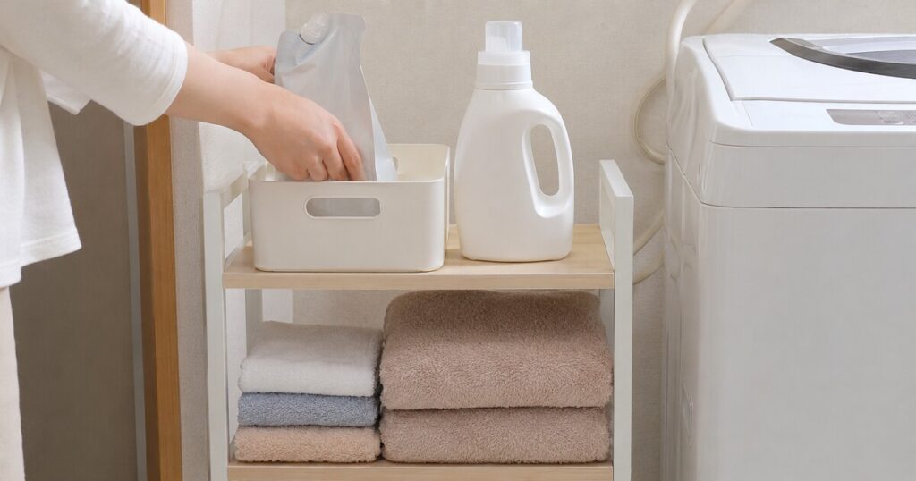 洗濯機横の棚に洗剤の予備とタオルを少量だけ置いている様子