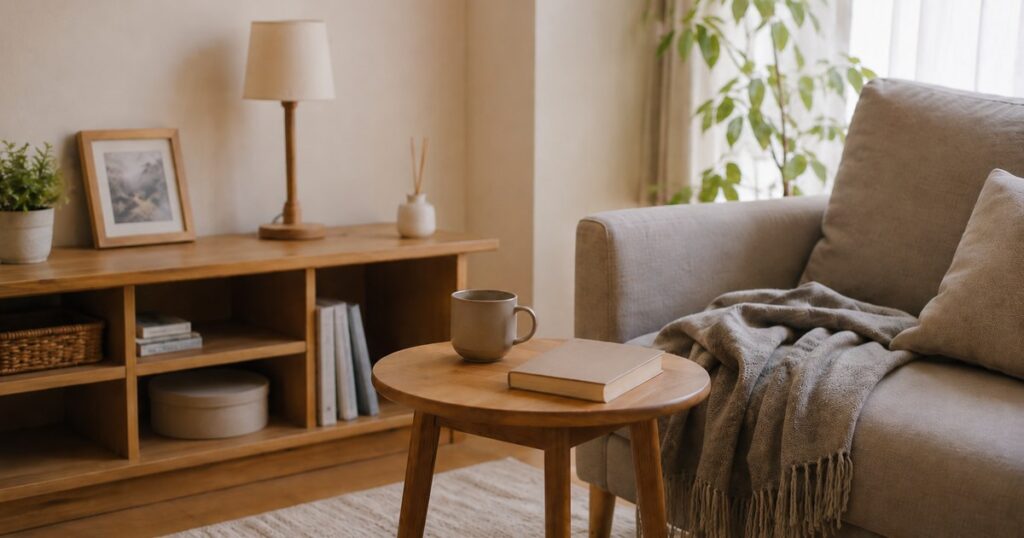 マグカップと読みかけの本を置いた余白のあるソファ横の一角