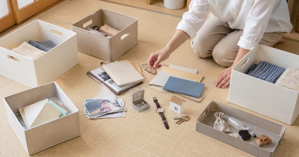 写真や書類、思い出の品を複数のボックスへ仕分ける手元