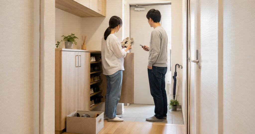 玄関で靴を手に持ち家族に確認している二人