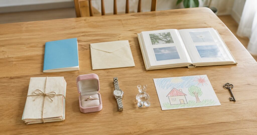 書類や写真、腕時計、子どもの作品をテーブルに並べた状態