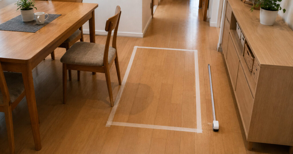 家具の設置範囲と通路を床のテープで確認するダイニング