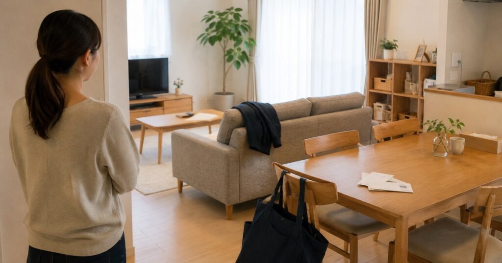 郵便物やバッグ、上着が置かれた場所を見渡す女性の後ろ姿