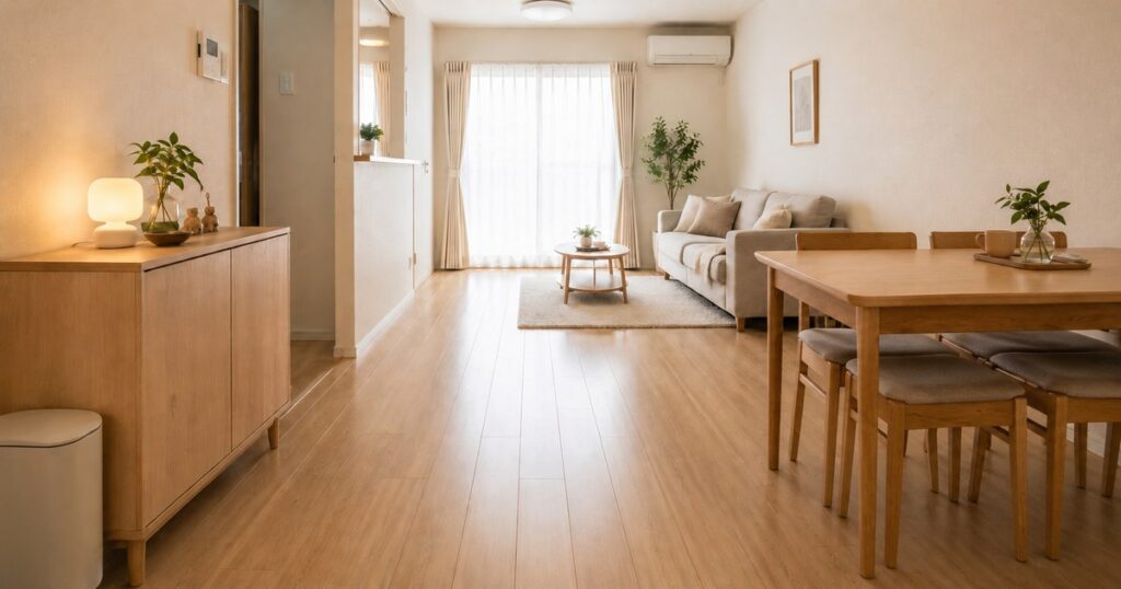 壁際に家具をまとめ床の余白を確保した細長いリビングダイニング