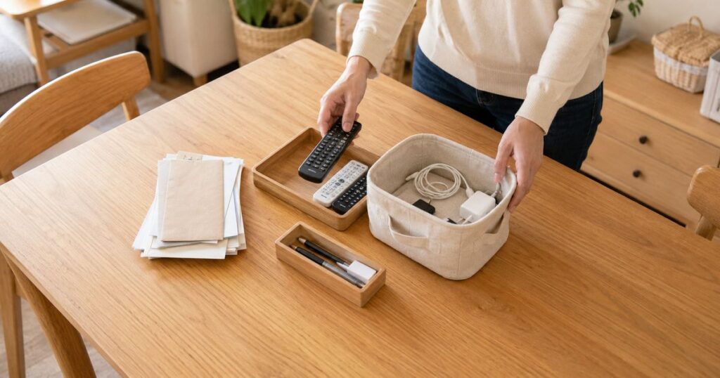 リモコンや充電器を木製トレーとかごに分ける手元