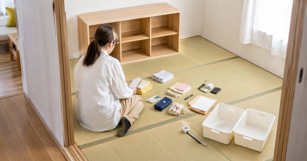 和室の床に棚の中身を種類ごとに分けて整理している様子