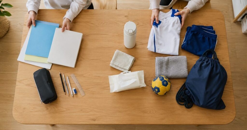 親子の手元で教科書やスポーツ用品を三つのまとまりに分けている様子