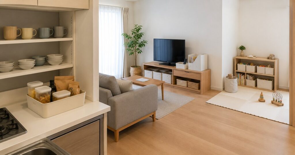 キッチンとリビングと子どもスペースに用途別の収納を設けた賃貸住宅の室内